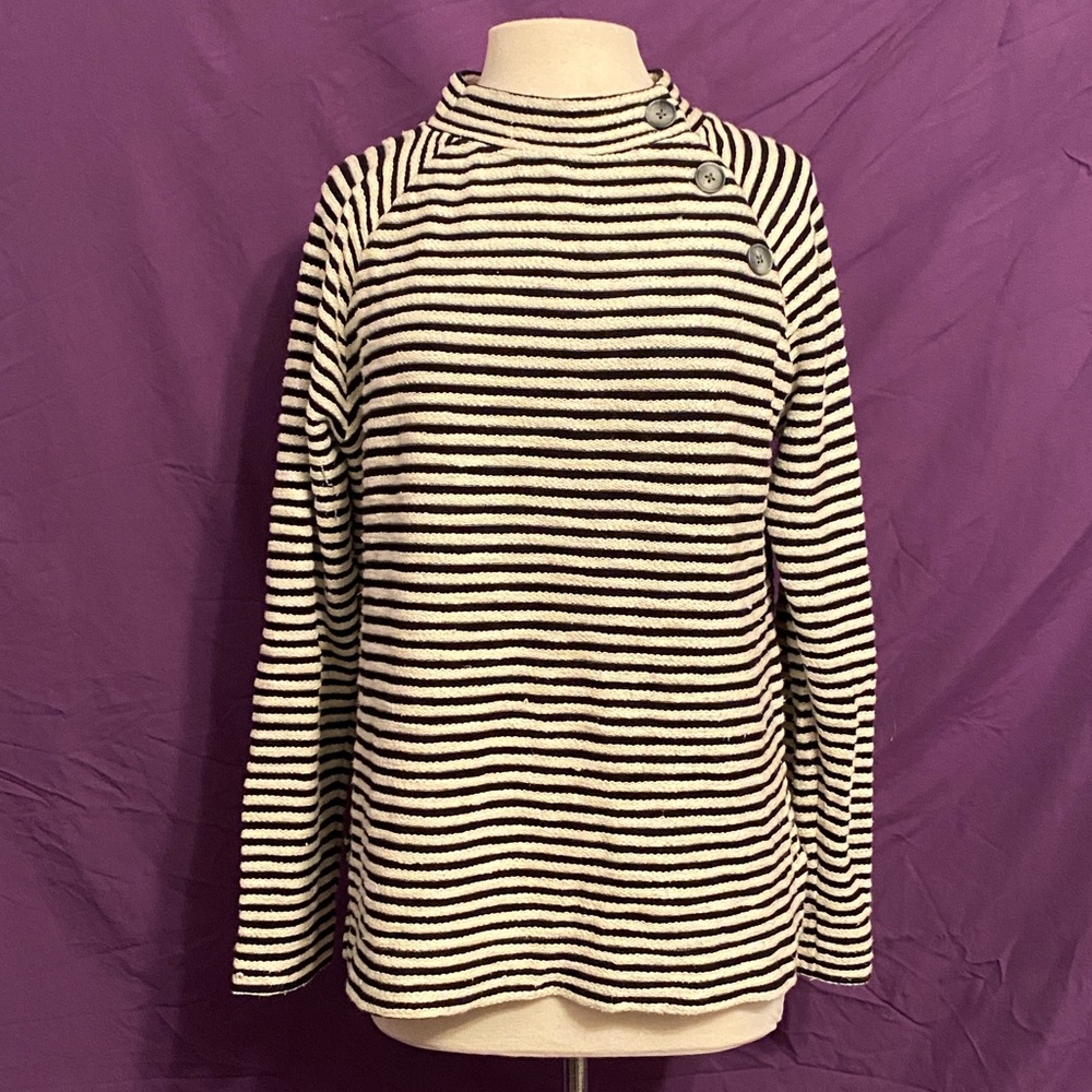 LOFT Black and White Striped Button Sweater. Size M.